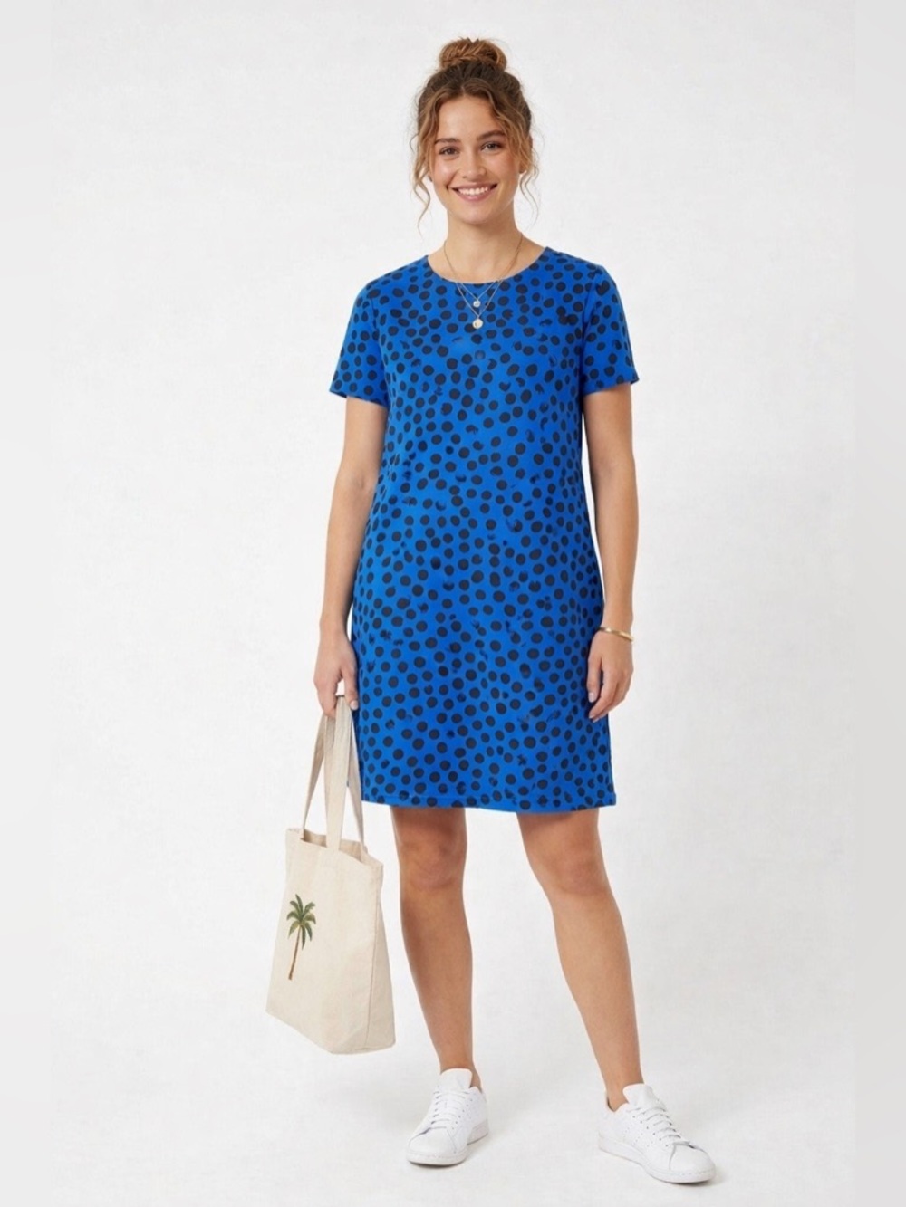 CeCe Cynthia Steffe Blue Polka Dot Shift Dress Size 10 Short Sleeve Lined